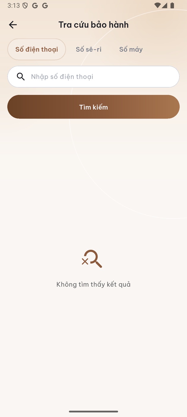 Màn hình Tra cứu bảo hành: tìm theo số điện thoại, số sê-ri hoặc số máy
