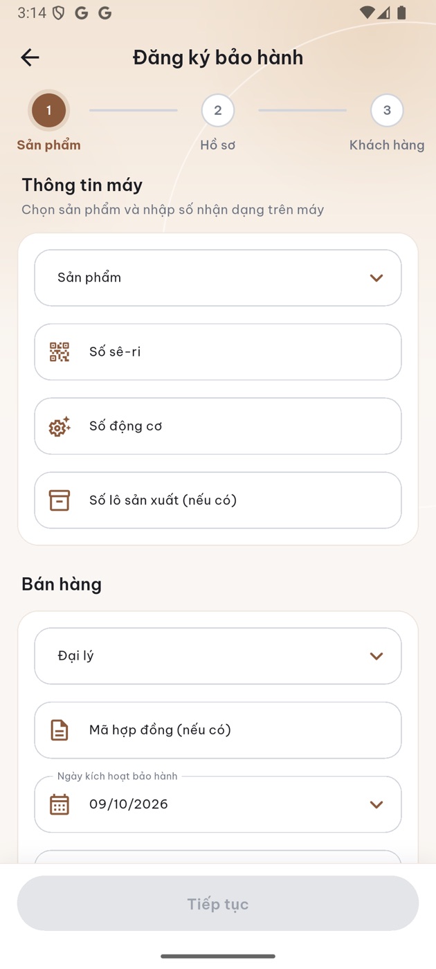 Màn hình Đăng ký bảo hành, bước 1: thông tin máy và bán hàng